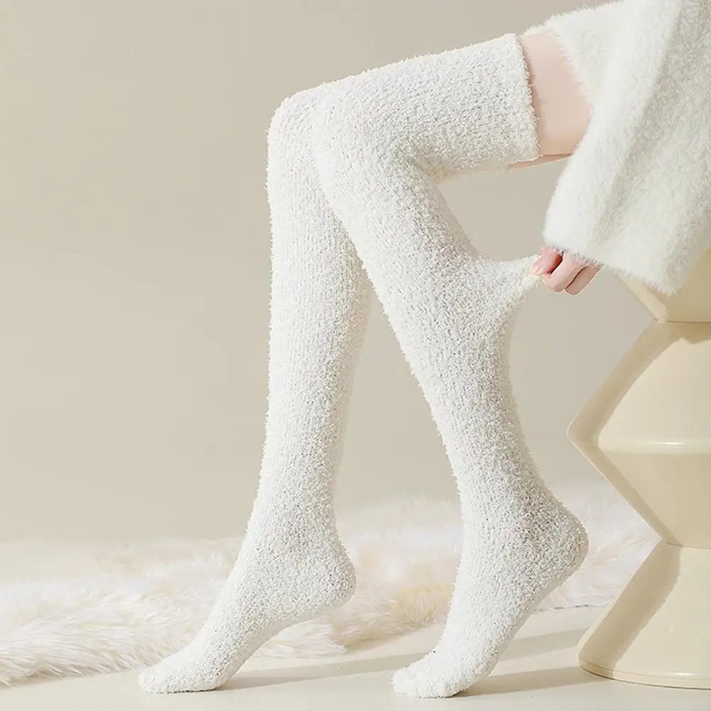 Calcetines de mujer de lana Coral por encima de la rodilla medias de invierno sólido grueso cálido calcetines largos hasta el muslo calcetines térmicos de felpa para dormir en el suelo del hogar