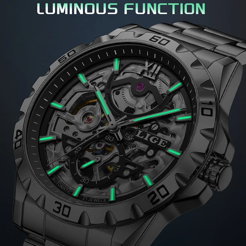 LIGE جديد الرجال ساعات المعصم الميكانيكية موضة الجوف الهيكل العظمي ساعة أوتوماتيكية للرجال عادية الأعمال الرياضة مقاوم للماء ساعة الرجال