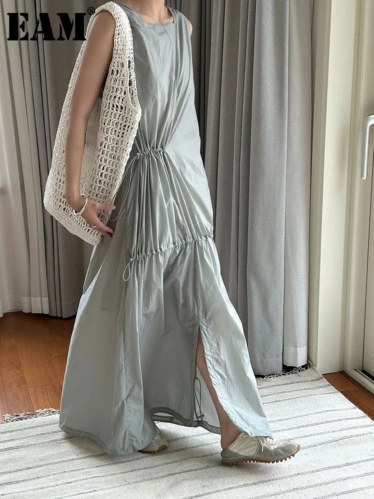 [EAM] Women White Gray Big Size Long Elegant Thin Dress New Square Collar Sleeveless Fashion Tide Spring Summer 2024 1DH6054