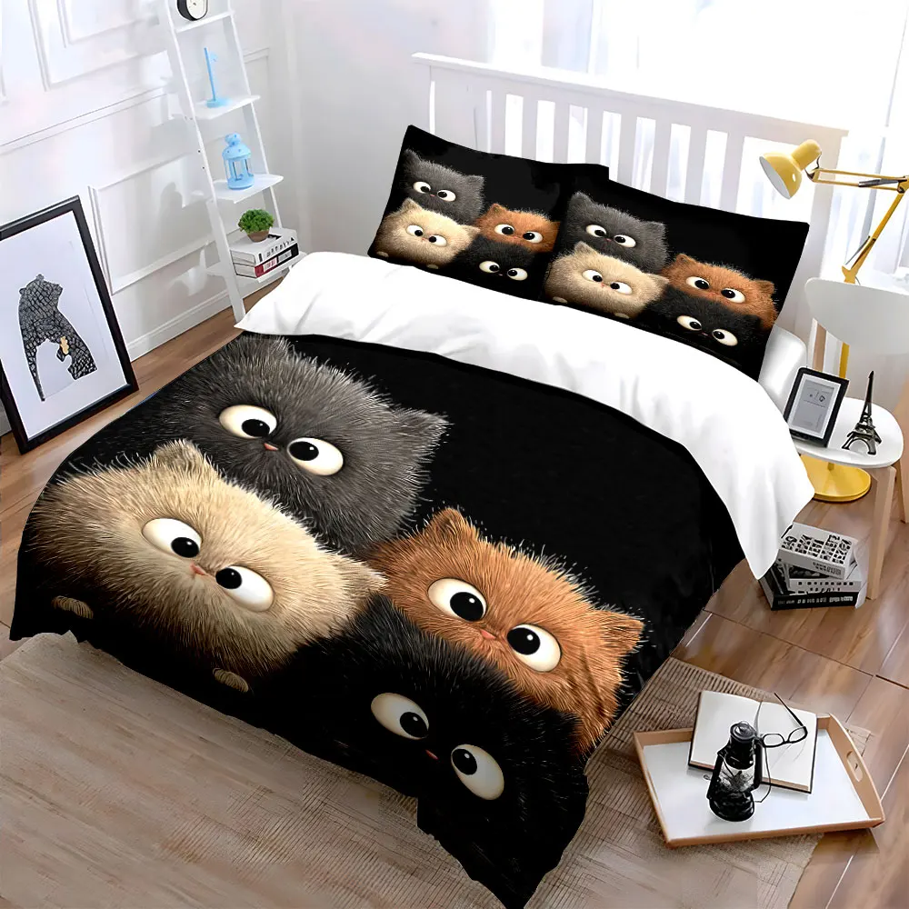 Four fluffy adorable kittens together Printed Duvet Cover Set1 Duvet Cover+2 PillowcaseMulti Size Bedroom Bedding Decor