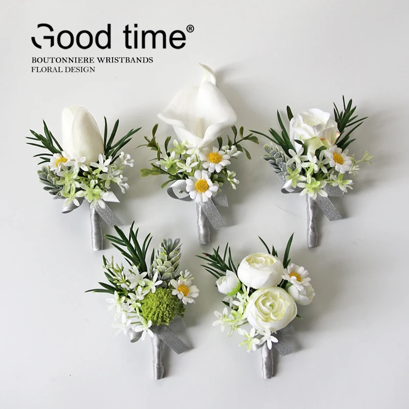 Gt corsages de seda boutonnieres casamento decoração rosa wris flores para convidados branco