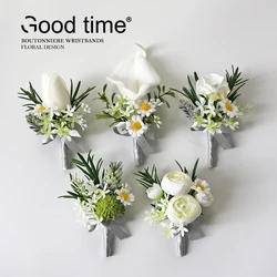 GT Silk Corsages Boutonnieres Wedding Decoration Marriage Rose Wris Flowers for Guests White