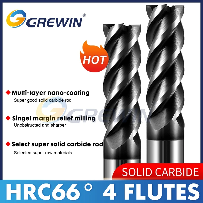 

GREWIN HRC66 4 Flutes Solid Carbide End Mills Cutters/CNC Stainless Steel cutting of End Milling Cutter/ 4 Flutes of Milling Bit
