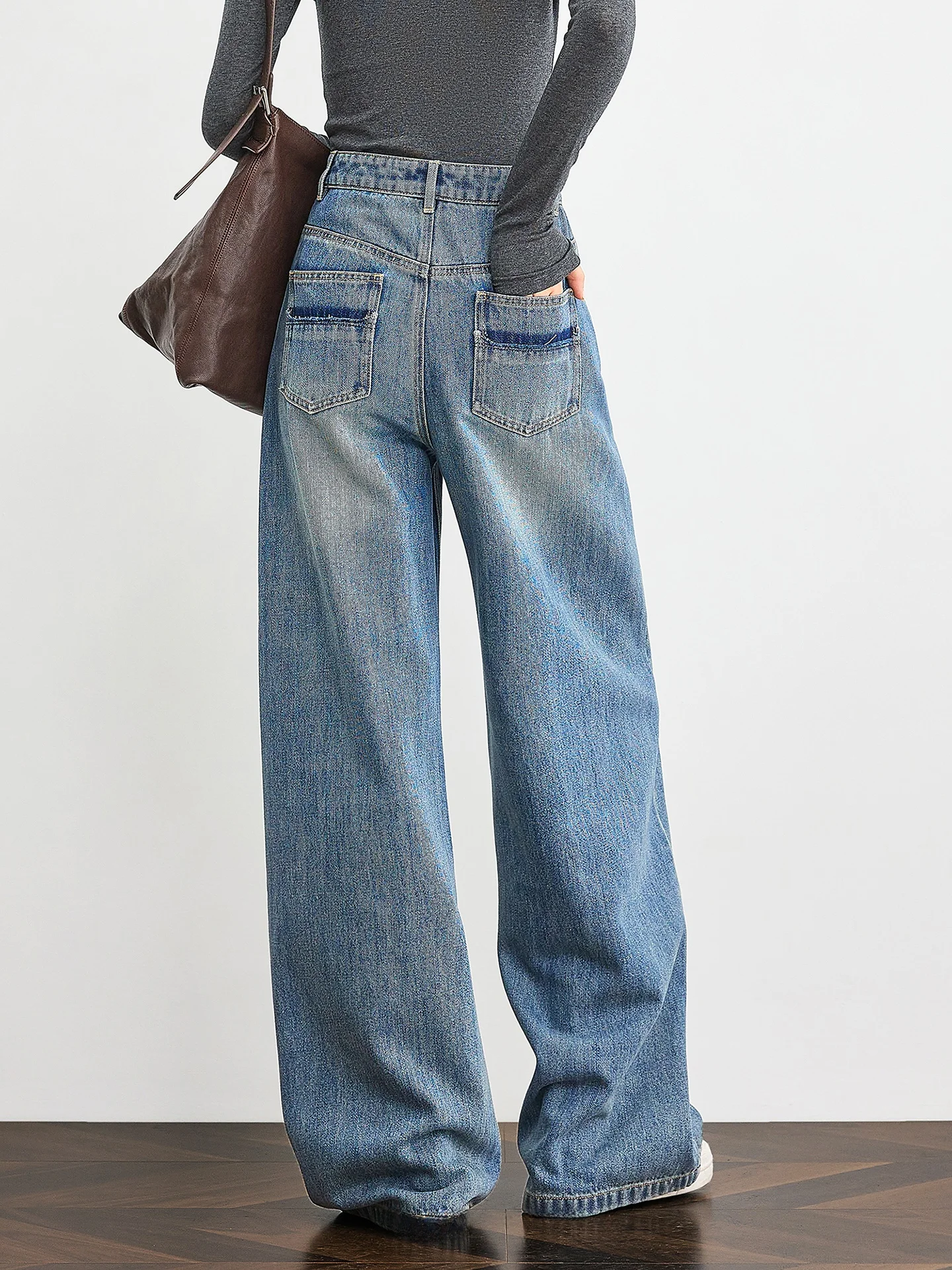 

TUMPUS Attractive Retro Blue Lyocell Denim High Waist Wide Leg Straight Cut Women's Spring Fashionable Comfortable Casual Pants