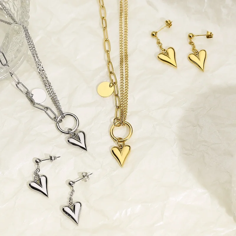 

2pcs/set Heart Pendant Necklace Earrings For Women Girl Gold Silver Color Stainless Steel Jewelry Sets Elegant Charm French Gift