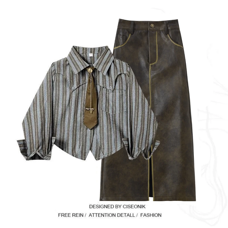 

Fashionable Commute Ready Women's Stripe Shirt And Slimming Half Skirt Set Autumn New Style Versatile Two Piece Ensemble