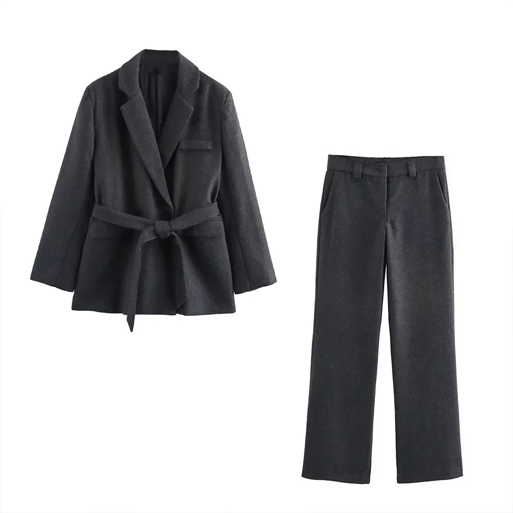 

ZBZA Women Lace-up Blazer Pants Set Vintage Lapel Long Sleeve Casual Jacket Straight Leg Wide Leg Pants Spring Fall New Chic Set