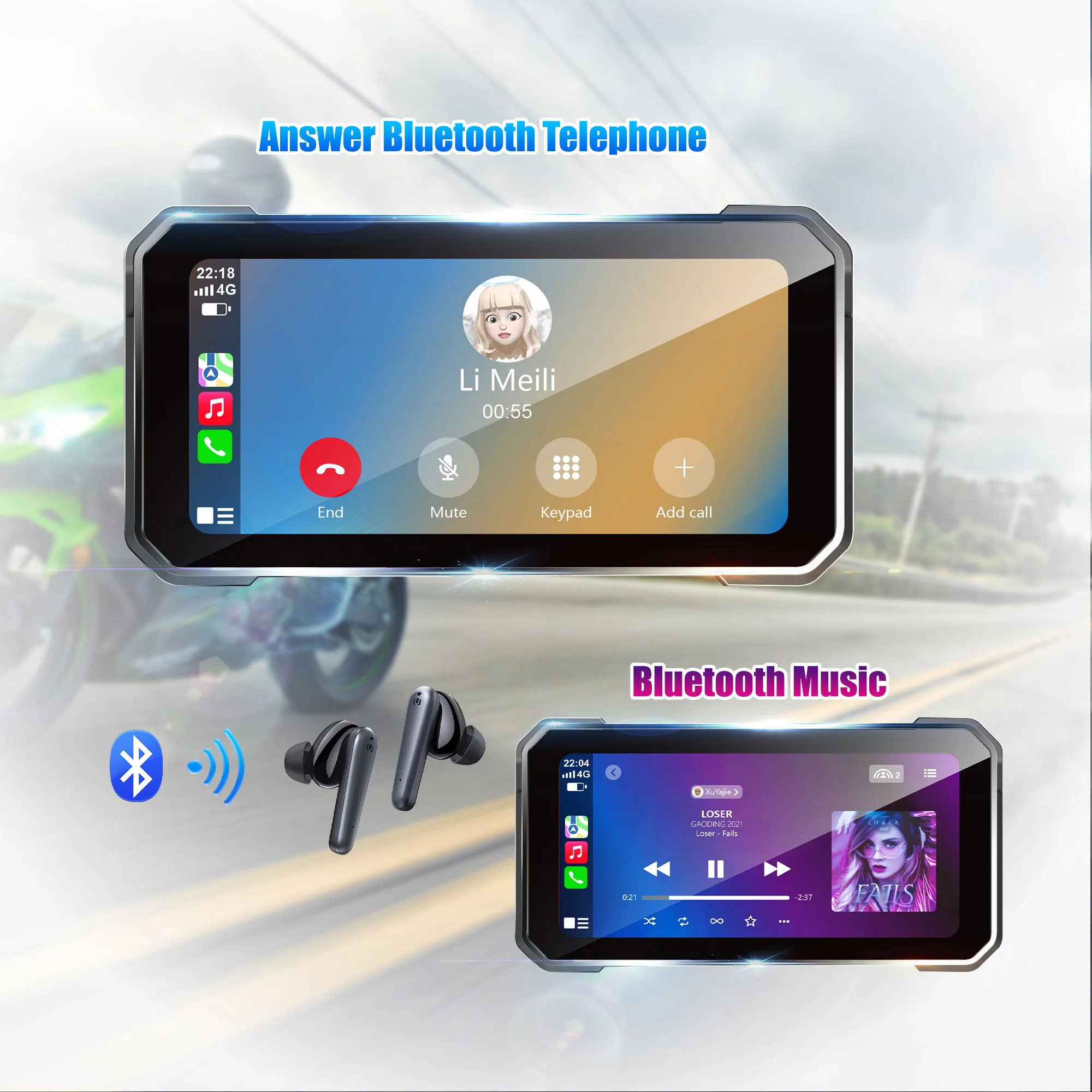Waterproof 6.25 Inch Android System 1080P Dual Recorder Motorcycle Carplay Androidauto DVR TPMS Monitoring GPS Tracking