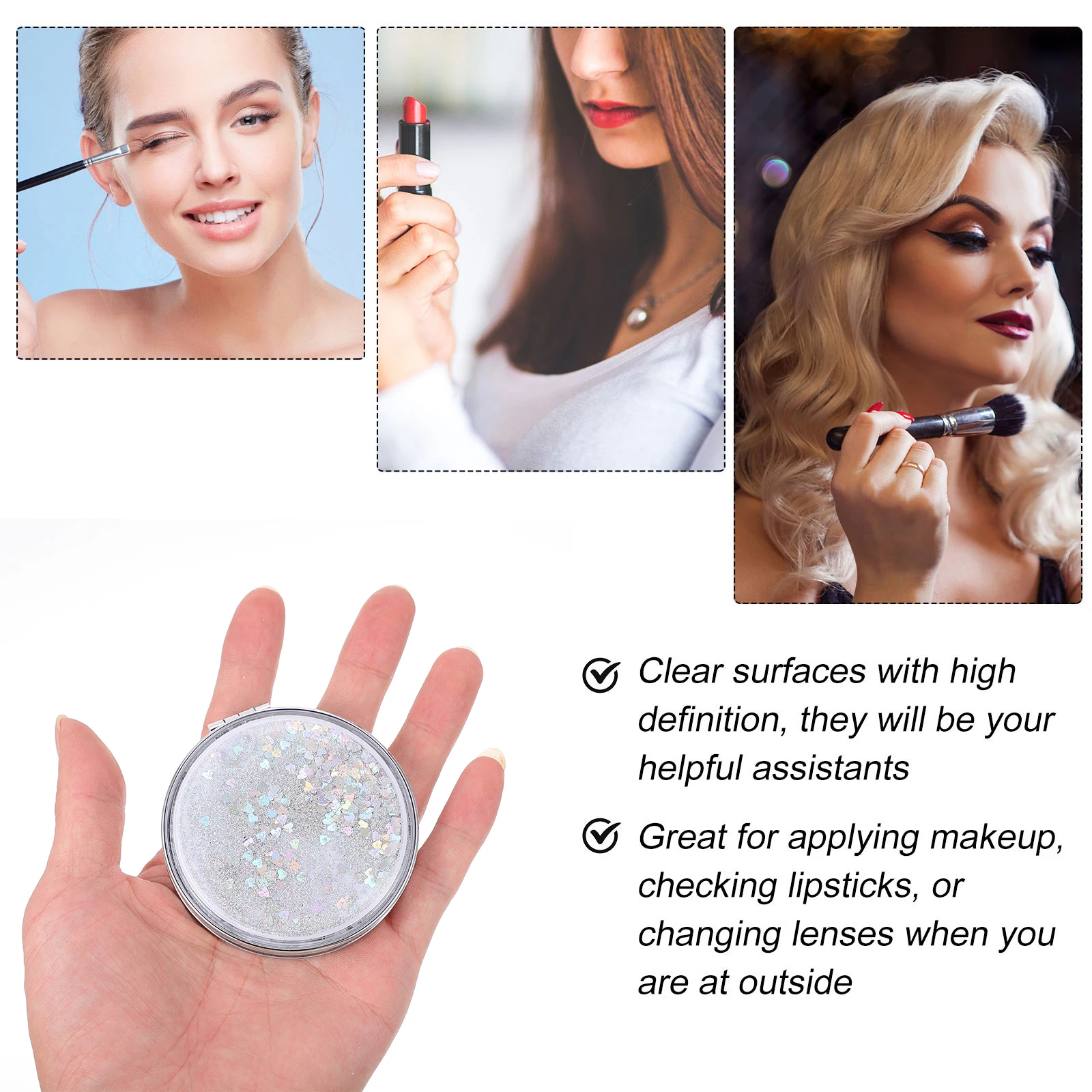 

2Pcs Quicksand Makeup Mirror Compact Foldable Double Sided Portable Travel Small Handheld Lightweight