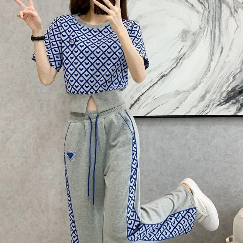 Women Clothing Print Y2K Streetwear Chic Crop Tops Korean Style High Waist Straight Wide Leg Pants Two Pieces Sets Summer Outfit