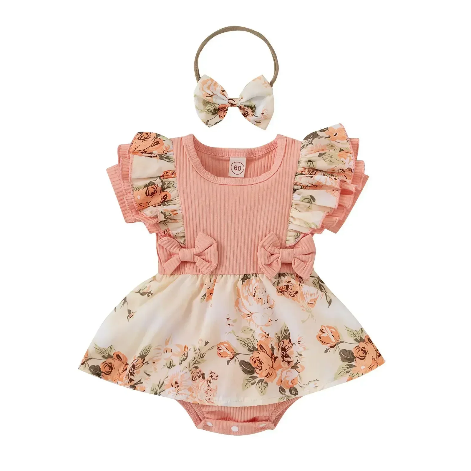 Baby Flower Romper Dress with Headbands Newborn Girl Baby Clothes Baby Girl Outfit Set for Summer,0-18 Months,80% Cotton