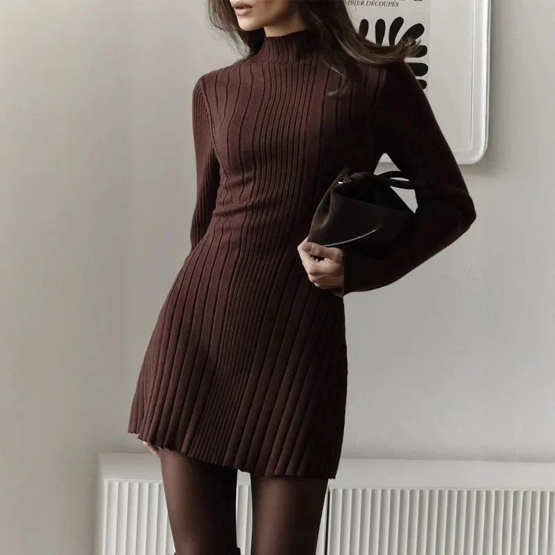 long-sleeved semi-turtleneck dress knitted skirt European and American temperament playful A-word short skirt