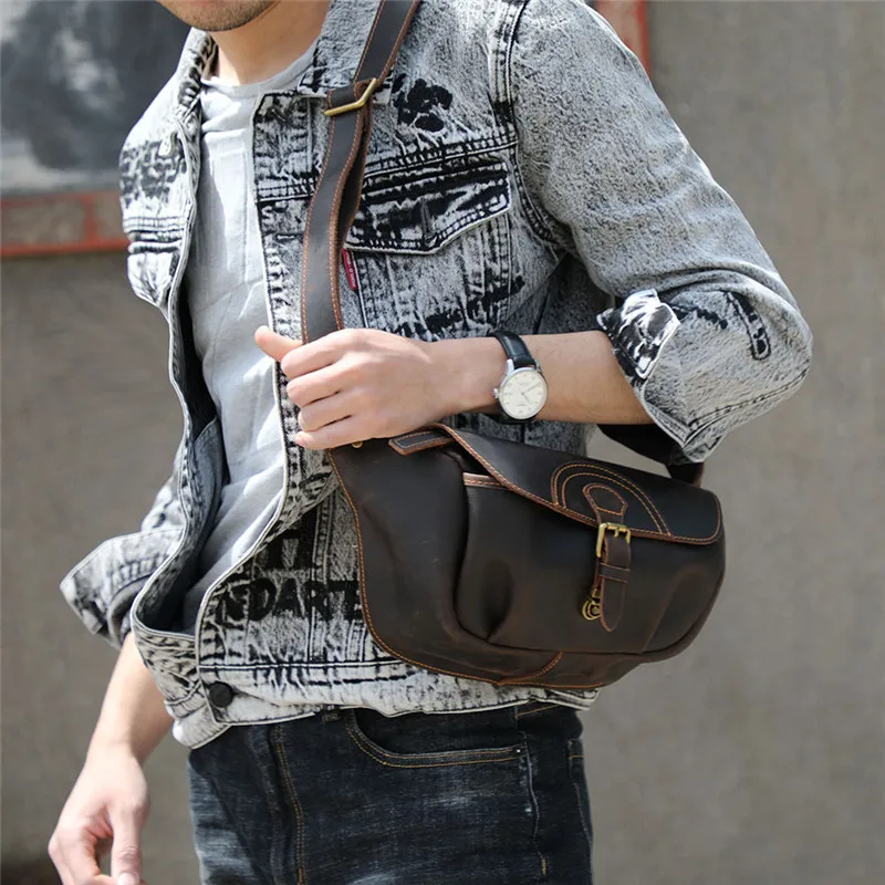 PNDME Vintage Real Leather Men's Multifunctional Chest Bag Fashion Designer Natural Crazy Horse Cowhide Waist Bag Shoulder Bag