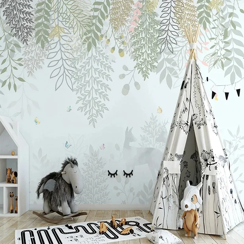 

Custom Mural Wallpaper Modern Hand Painted Nordic Plants Elk Jungle Living Room Bedroom TV Background Wall Decor Papel De Parede