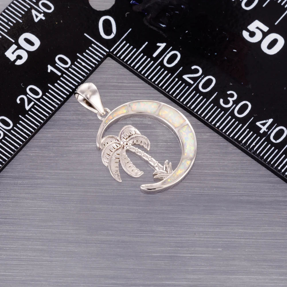 KONGMOON Palm Tree Crescent White Fire Opal Jewelry for Women Pendant for Necklace