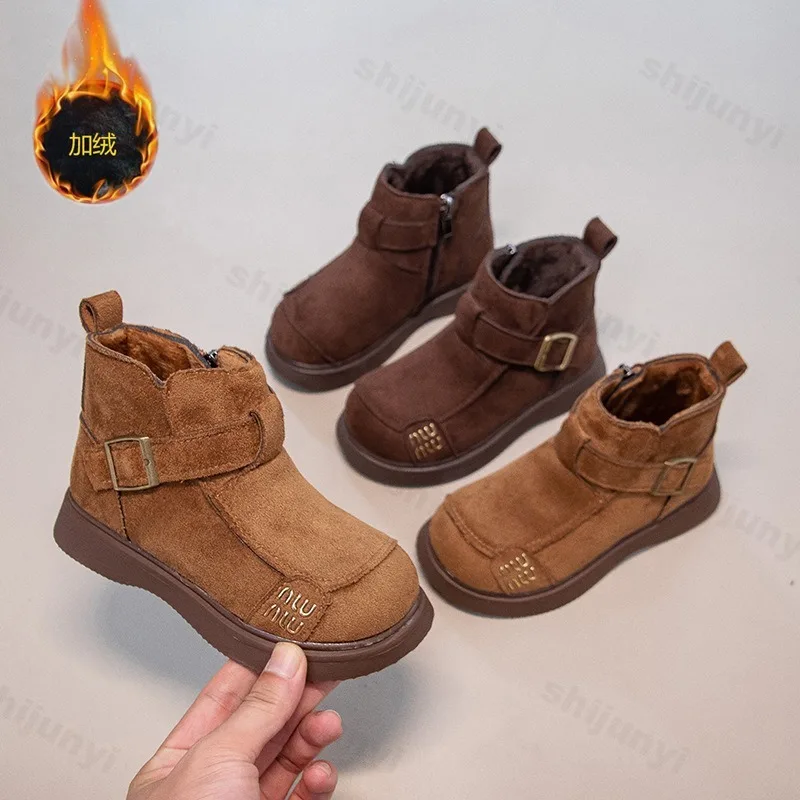 

Children's Vintage Warm Plush High Top Short Boots 2025 Winter Boys British Style Hairy Versatile Comfortable Cotton Ankle Boots