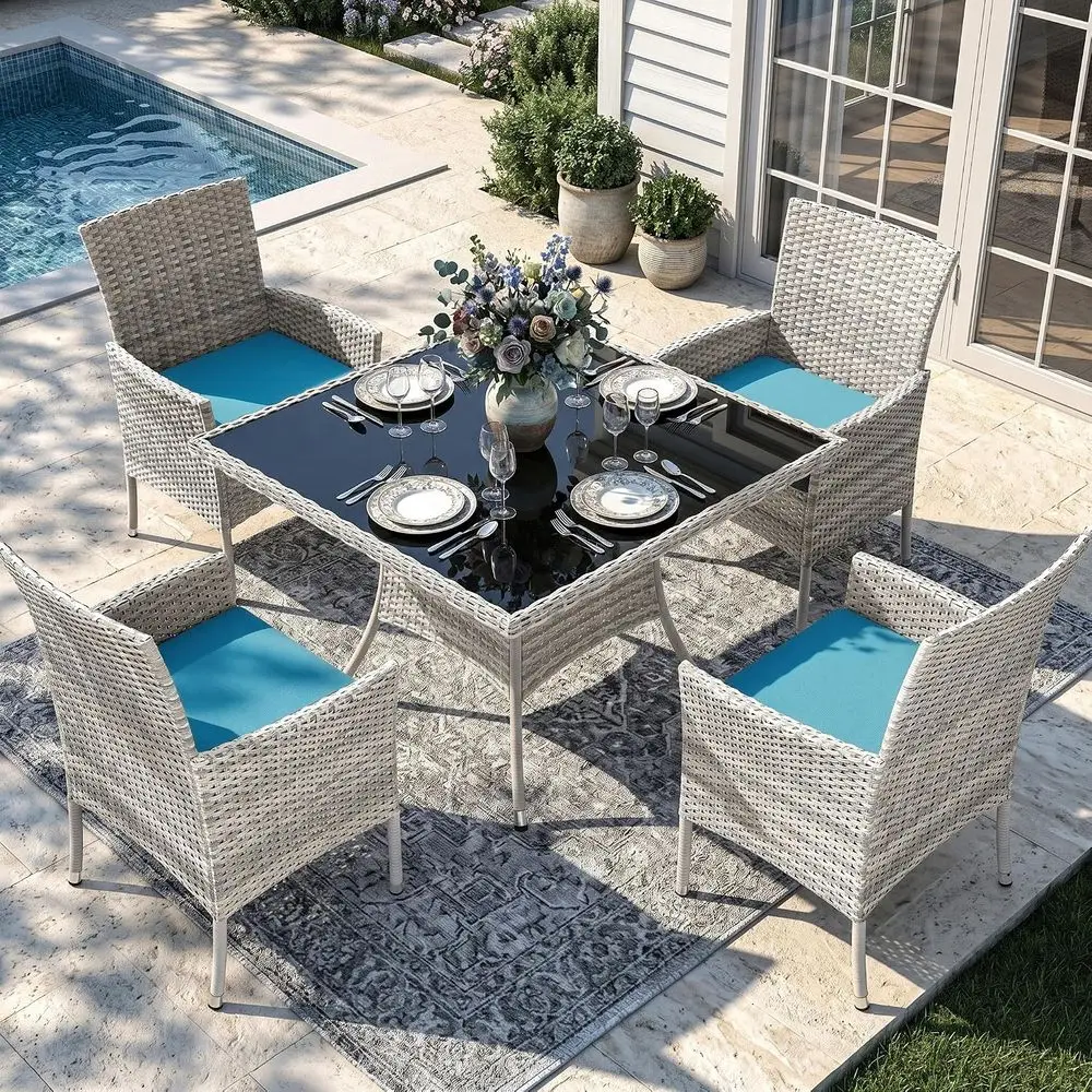 5-Piece Patio Furniture Set with Glass Table and Cushioned Chairs, Turquoise Wicker Rattan, Ideal for Balcony, Backyard, or Deck
