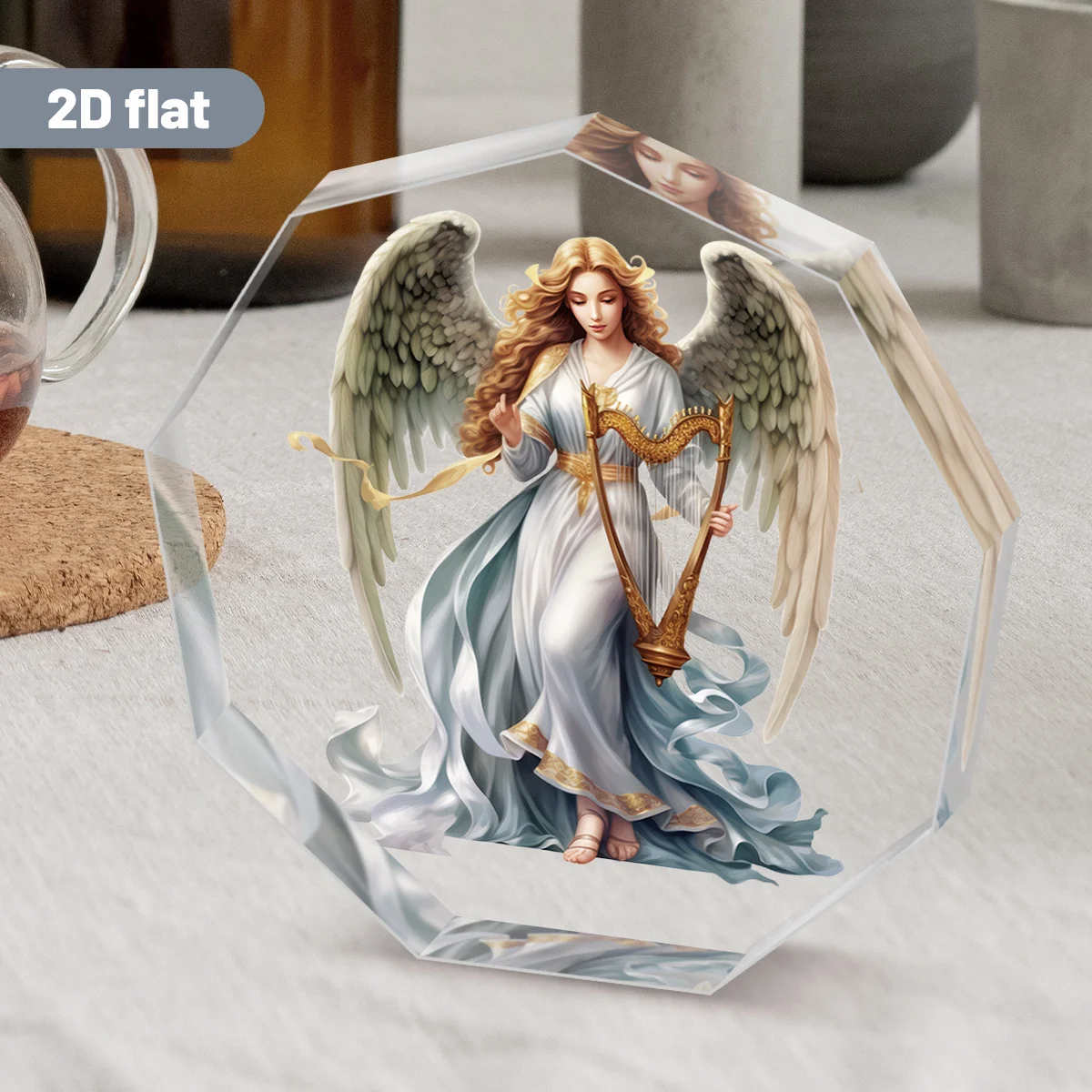 2D， Religious Acrylic Desktop Decoration - Angel Playing Harp, Suitable for Indoor/Outdoor, Baptismal Decoration, Gifts