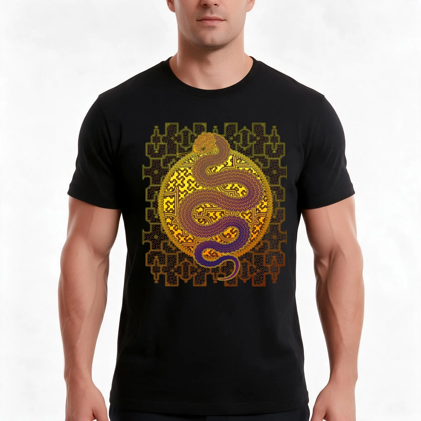 Cosmic Serpent, Kene Anaconda Shipibo Pattern T-Shirt, Summer Casual Cotton Tee, Oversized Streetwear Tops, Unisex Men Women