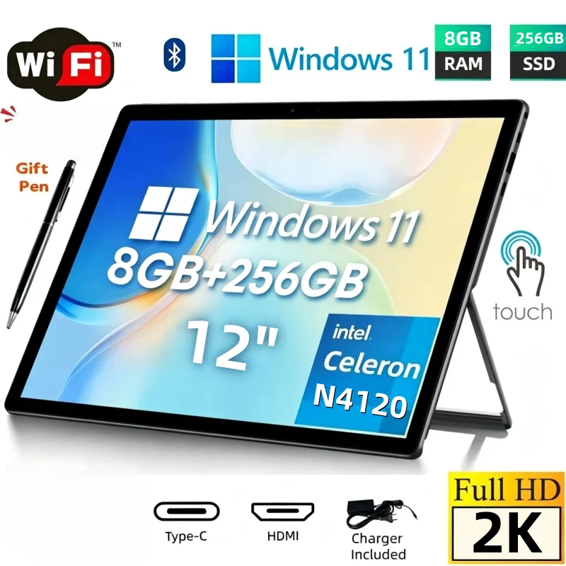 64bit Type-C 12 Inch Windows 11 Tablet PC 8GB RAM 256GB SSD ROM N4100 2160X1440 IPS Bluetooth 4.2 Dual Camera 1 X USB-A 3.0