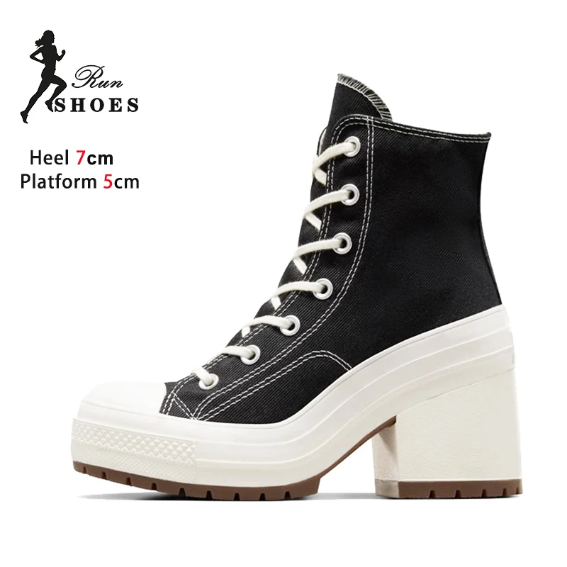 High Top Canvas Shoes Women Thick Platform Sneakers Ladies 7CM Chunk Heels 2024 Designer Street Style Lace-up Casual Shoes Mujer