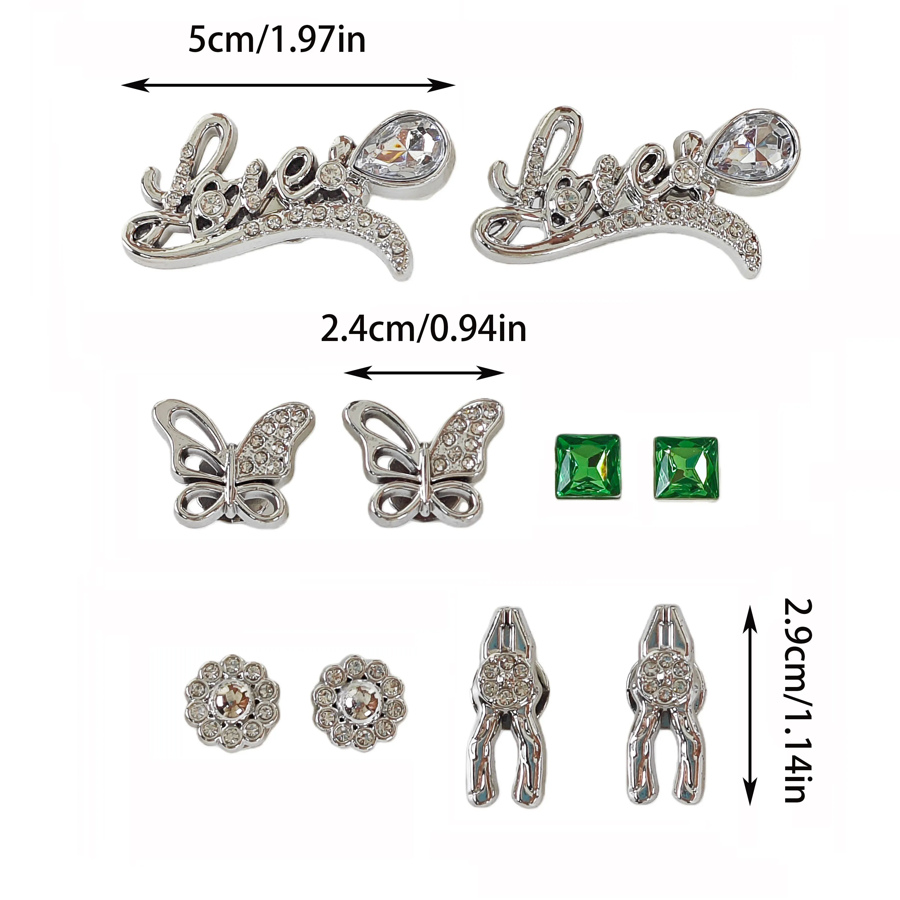 10Pcs DIY Shoe Decoration Charms with Rhinestone Letters, Butterfly, Pliers, Flower, Green Square Rhinestone Decorative Buckle, Non-Metal Lightweight Material, Y2K Fashion Versatile Cute Personality Accessories for Men and Women, Suitable for Eva Beach Shoes, Sandals, Removable Shoe Decoration, Holiday Gift
