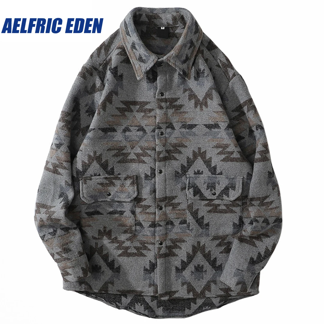 Aelfric Eden Vintage Retro Hip Hop Men Streetwear Harajuku Shirt Geometric Flannel Shirt Cotton Fleece Long Sleeve Casual Shirt