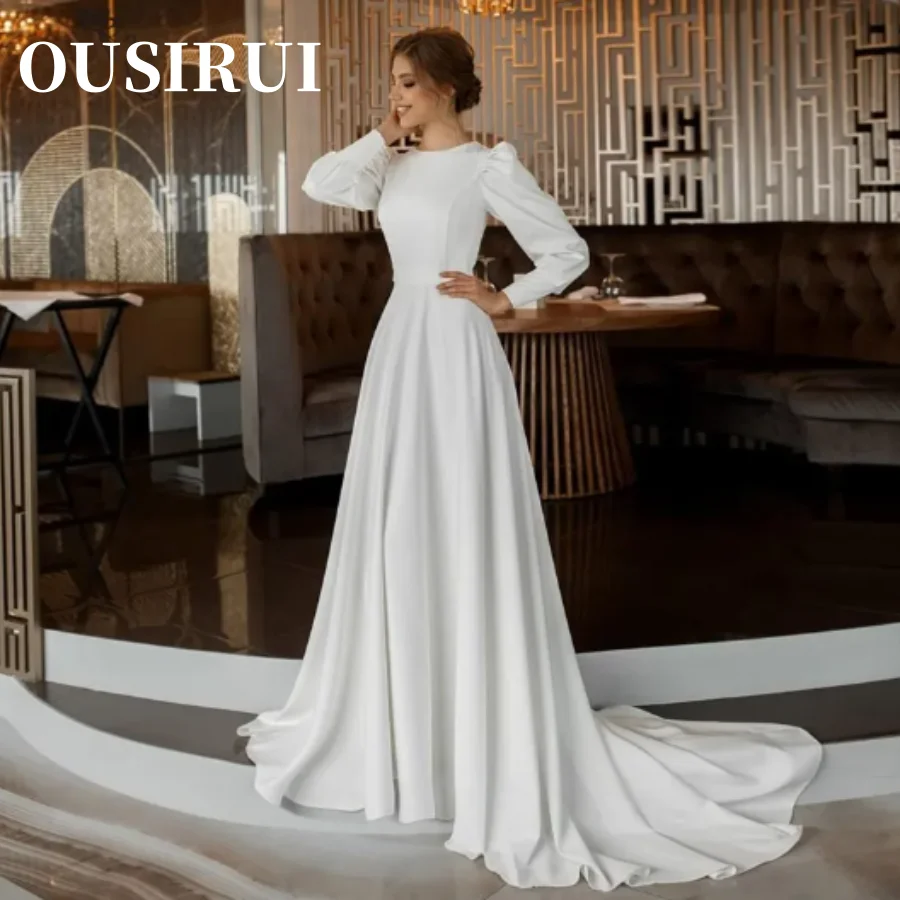 

Simple Satin Vestido De Noiva Muslim Bridal Gowns Elegant White Long Sleeve Wedding Dresses Dubai Back Button Robe De Mariée