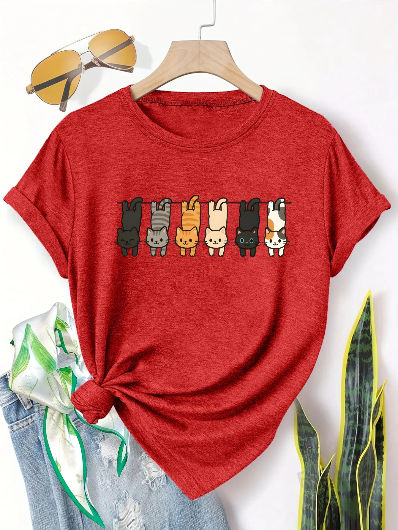 

Plus size women's short sleeve T-shirt Cats Hanging On Line breathable fabric summer outfits women's clothing