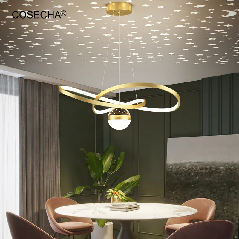 

White Led Chandelier Star Shadow Lighting Black/Gold Hanging Lamp Dia50Cm 40W Suspension Chandelier For Living Room Bedroom