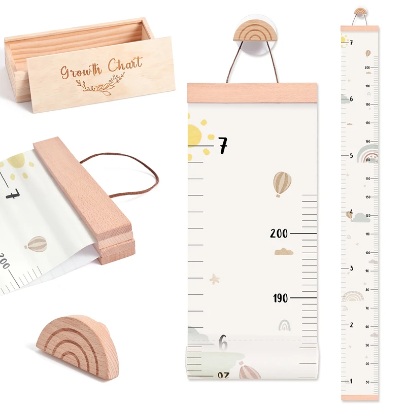 Wooden Kids Height Measurement Ruler Hanging Cartoon Rainbow Bird Height Measuring Photography Accessories Record Baby Grow Gift
