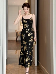 Fashion Black Gold Print Elegant Luxury Evening Dress Women Sexy Sling Long Robe Party Club Prom Vestidos Vacation Clothes