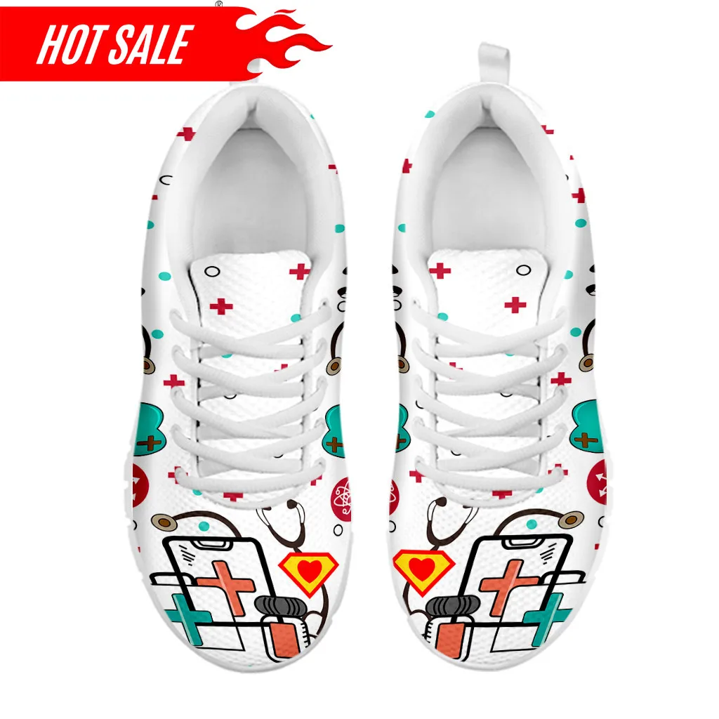 Women Casual Flats Shoes Physician Nursing Staff EMT ECG Print Lace Up Mesh Sneakers Female Footwear chaussure femme