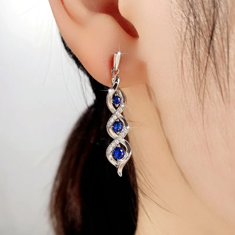 Huitan Blue Cubic Zirconia Dangle Earrings for Women Temperament Engagement Wedding Accessories Anniversary Gift Fashion Jewelry