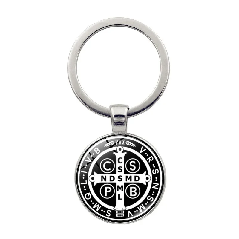 Saint Benedict Pendant Keychain Catholic San Benito Glass Dome Handmade Keyring for Men Women