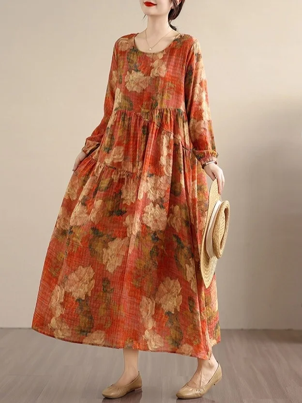 Retro Print Lin Long Sve Dames Dr Loose Grote Maat Afslanken Casual Volledige Rok Katoen Lin Long Dr Herfst Faion