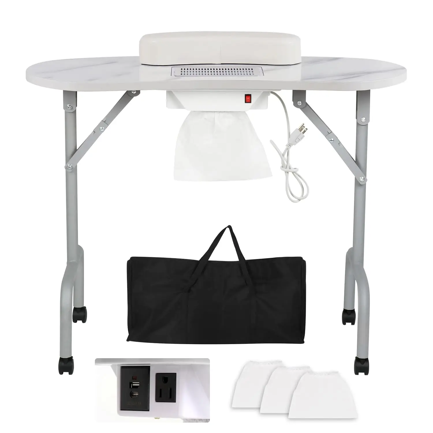Portable Manicure Table Foldable Nail Desk with Charging Station & Dust Collector Professional Nail Tech Table for Technician