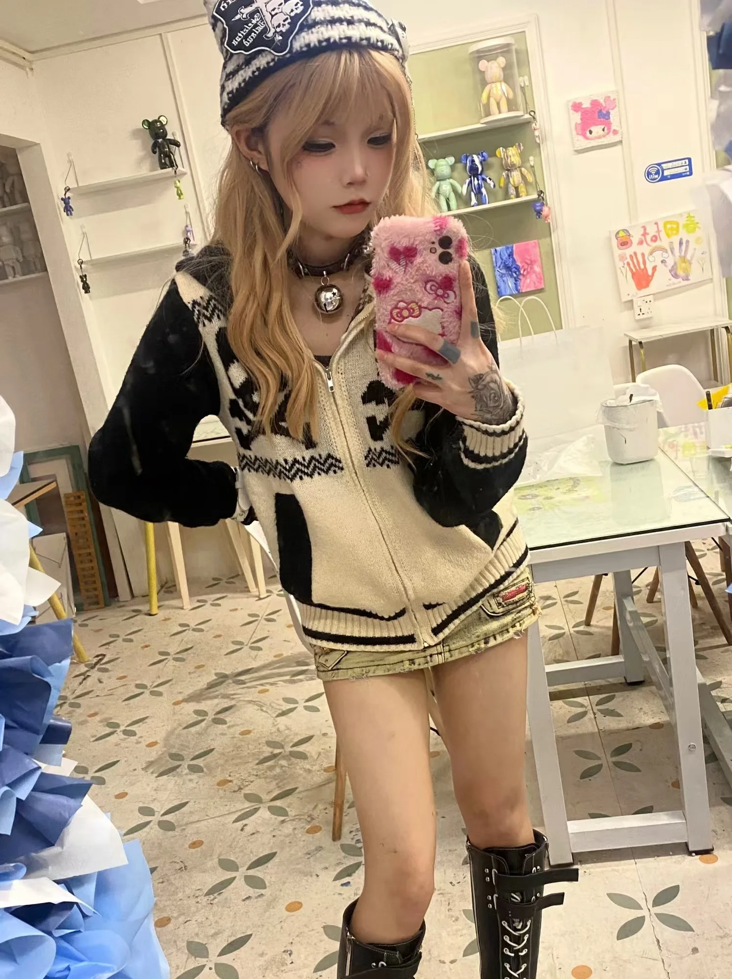 Kawaii Skulls Zip Up Sweater Punk Sexy Winter Vintage Clothes Women Gothic Sweet Girl Harajuku Long sleeves Femme Y2k Sweaters
