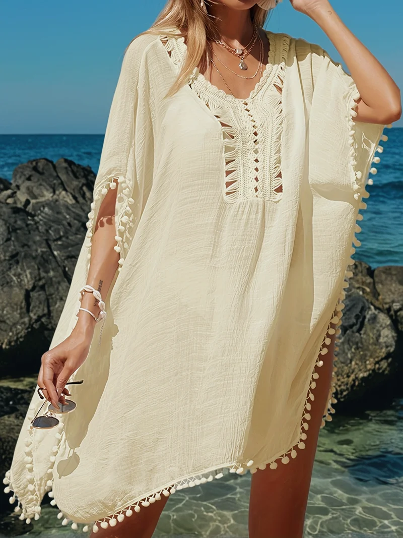 

MOXDOSexy Beach Vacation-Style Cover-Up: Hand-Crocheted Patchwork, Solid Color, Loose-Fit, Sheer, UV-Protective, Mid-Length, Per