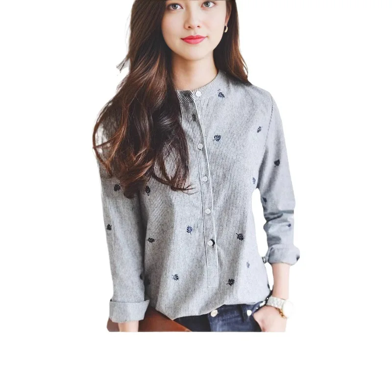  Style Women's Striped Shirt Stand Collar Embroidery Long Sleeve Cotton Slimming Korean Version Big Size Leaf Pattern