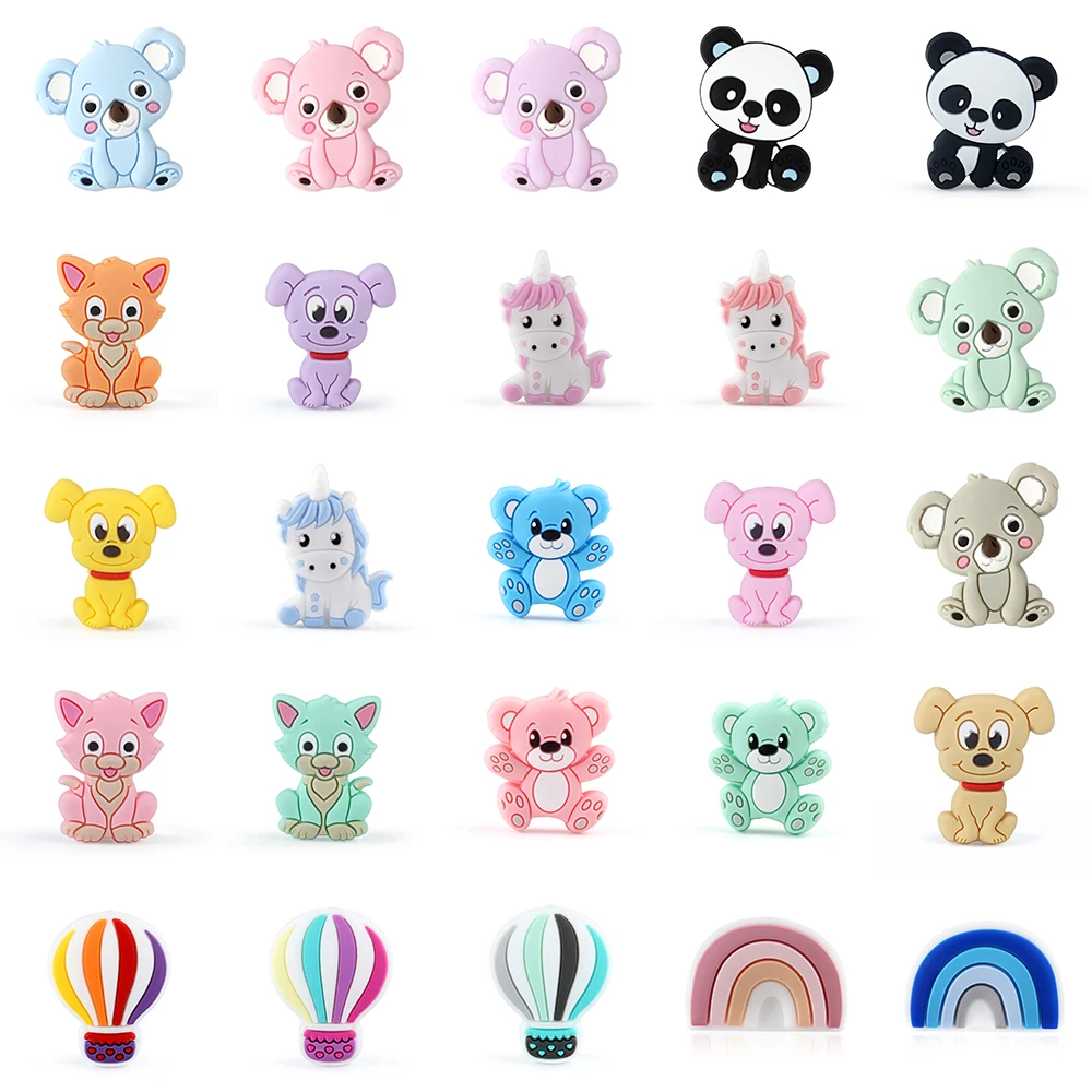 5/20/50pcs Silicone Beads Animal Focal Beads Unicorn koalas Loose Round Bead DIY Beaded Pen Keychain Pendant For Jewelry Making