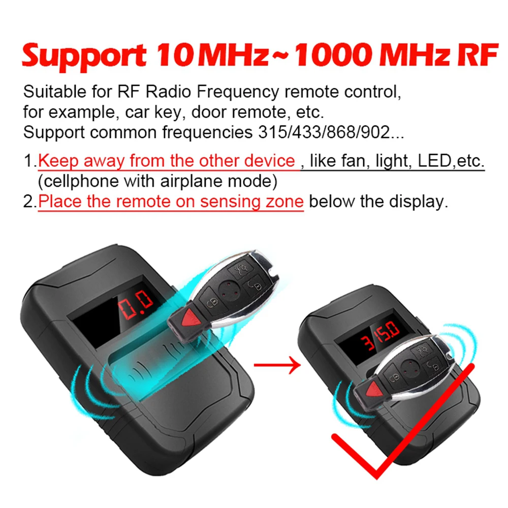 WOYO 10-1000MHZ For All Car Key Frequence Tester Remote Control Detector, IR RF Door TV Remote Inspection Tools, 315,433,868MHZ