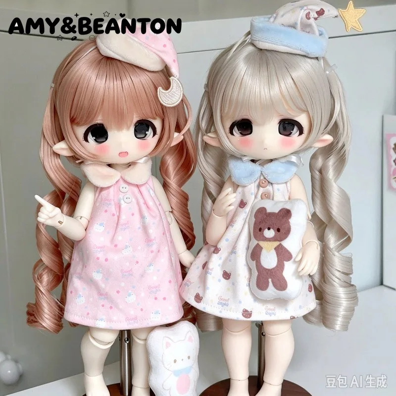 BJD 1/6 Short Chubby Body Doll Clothes Y2k Sweet Pajamas Head Accessory Dress Handheld Prop 3 Pcs Set Dolls Replacement Costume