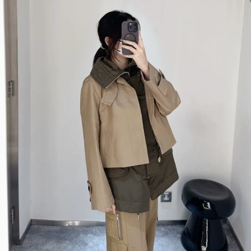 SAC splicing contrasting color hooded trench coat loose splicing casual top