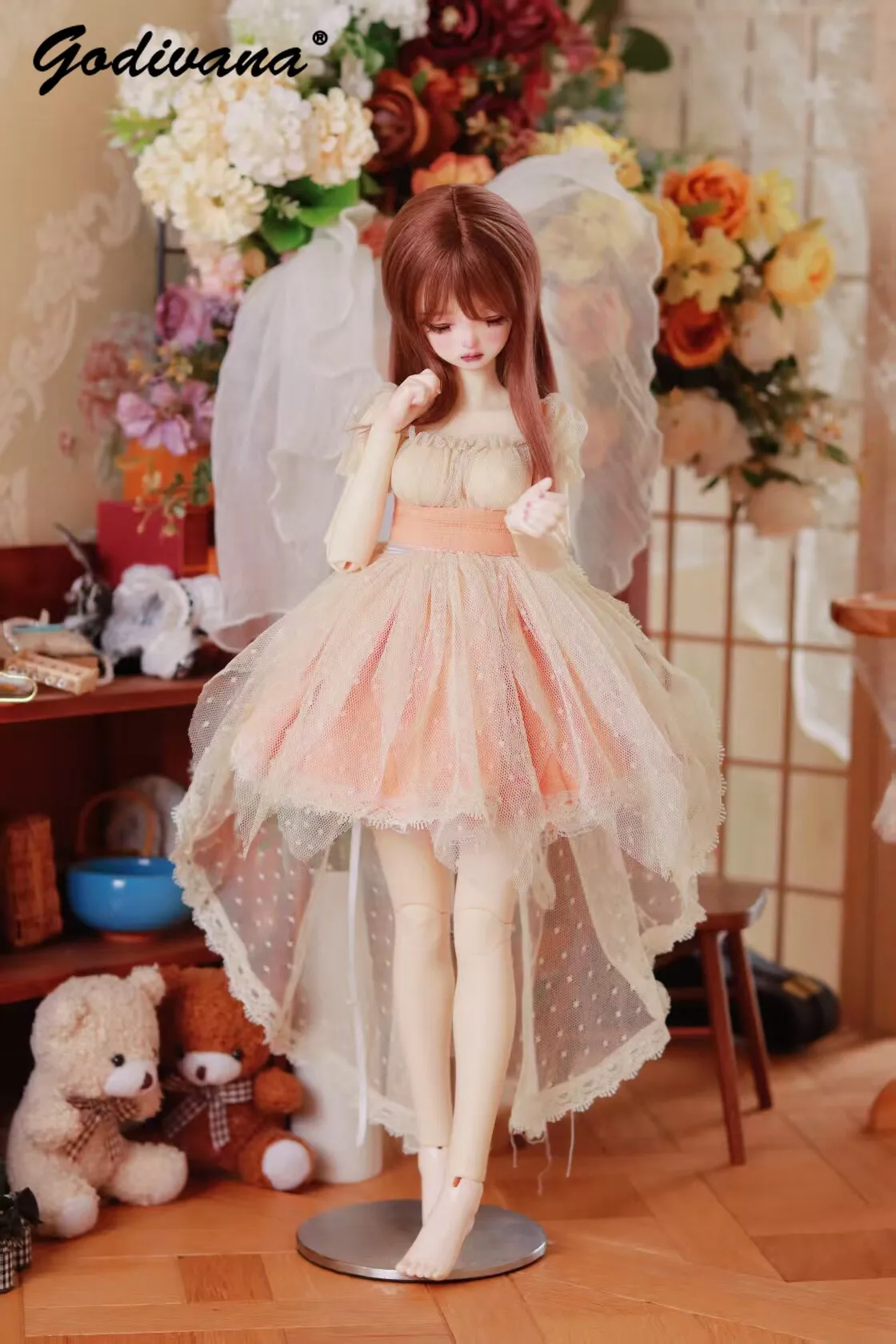 Vintage French Sweet BJD 1/4 Doll Outfit Puff Sleeve Mesh Lace Trim Princess Lolita Dress Irregular Trailing Tulle Pastoral Gown
