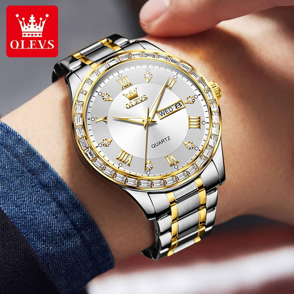 OLEVS 9906 Roman Scale Quartz Watch For Men Diamond Luxury Dual Calendar Man Wristwatch Waterproof Stainless Steel Watches 2024