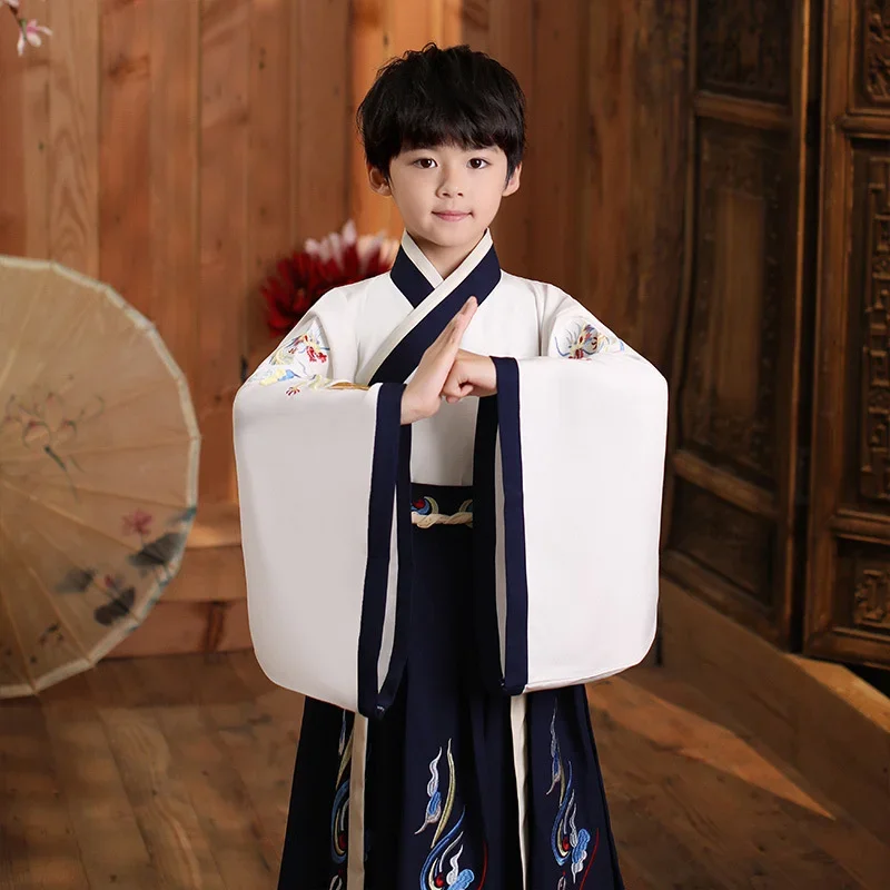 2Colors Chinese Children Team Dance Costumes for Boys Traditional Kids Autumn Hanfu Tang Suit Stage Performance Kimono Skirts