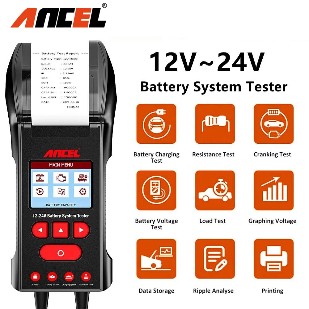 

ANCEL BST600 12V/24V Car Battery Tester Temperature Load 100-2000CCA Car Cranking Charging System Analyzer for Trucks Cars Moto