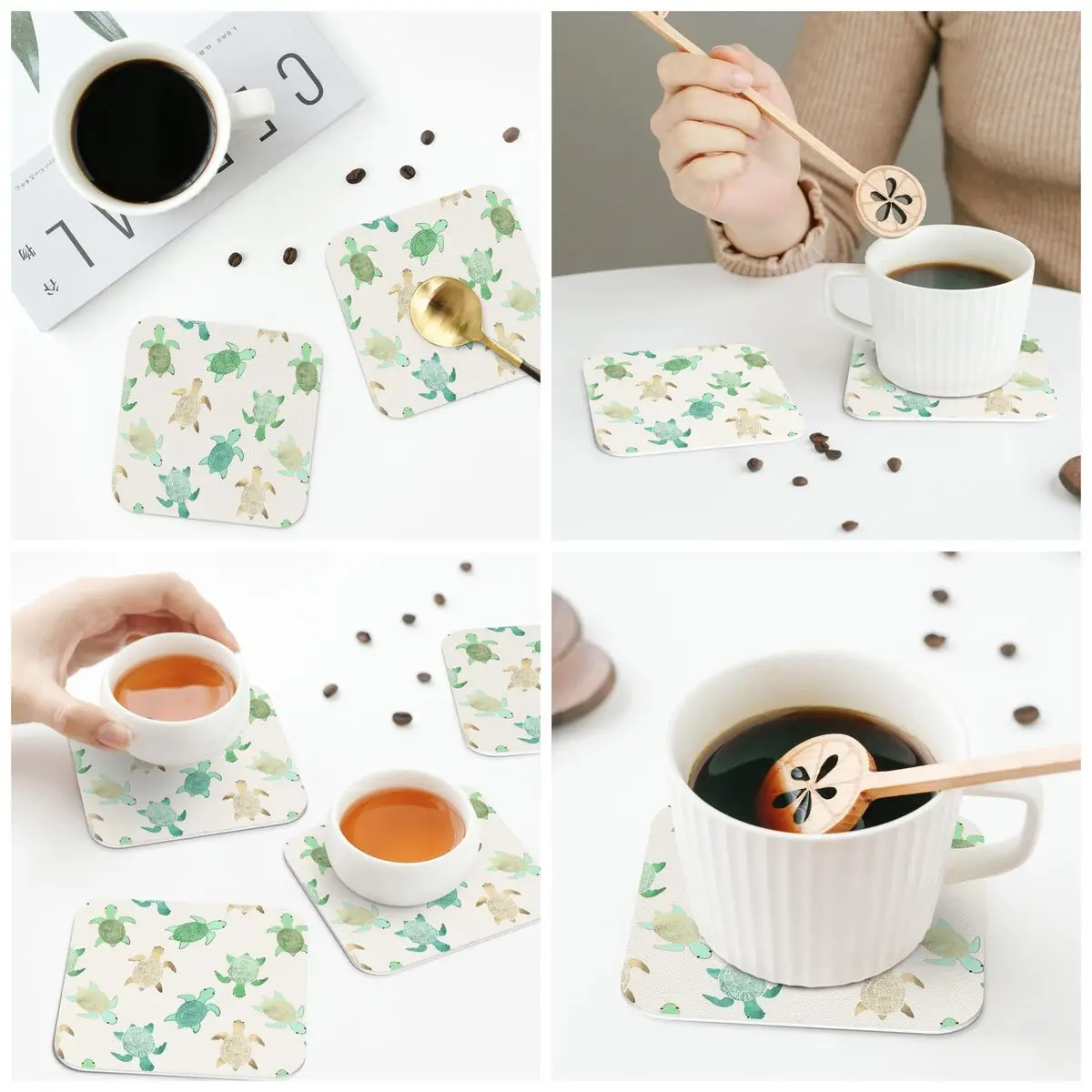 Gilded Jade & Mint Turtles Coasters Kitchen Placemats Non-slip Insulation Cup Coffee Mats For Decor Home Tableware Pads Set of 4