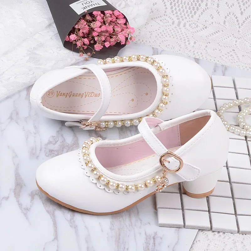 

Pink White Children High Heel Shoe for Kids Girls Wedding Party Leather Casual Shoes Fashion Beaded Princess High Heels Elegant